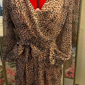 Leopard print  long sleeve pleated wrap romper tie belt